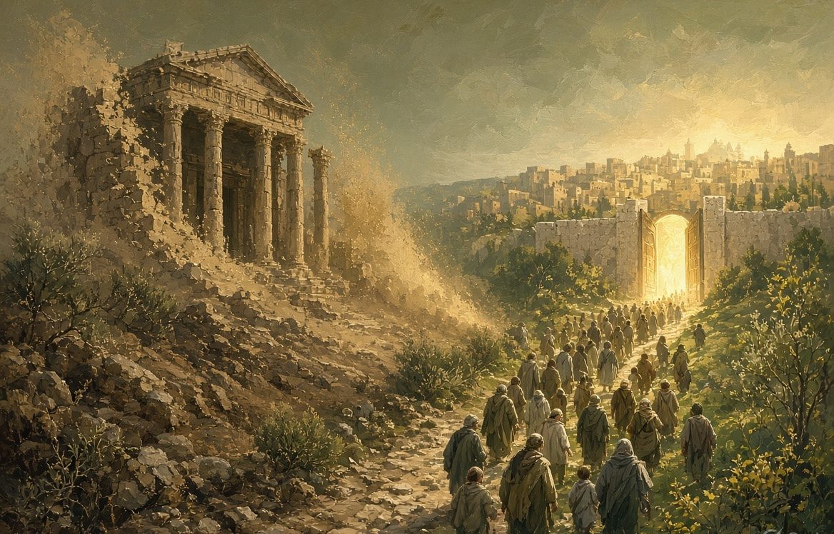 A people leaving a crumbling house and walking toward an open gate