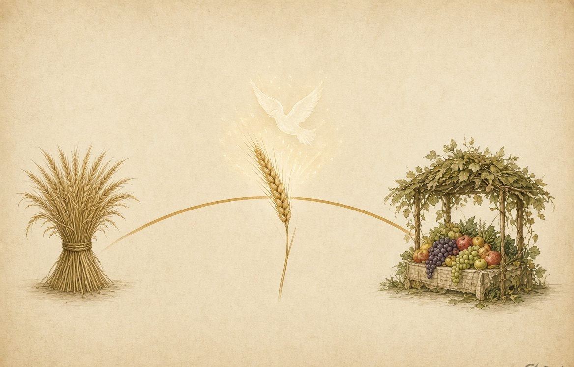 One golden arc joining a barley sheaf, a wheat ear, and a booth of gathered fruit
