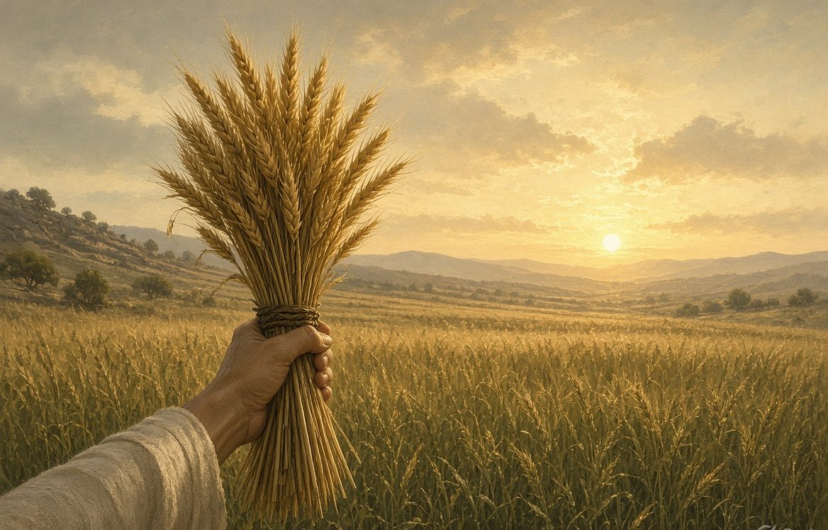 A single sheaf lifted over a standing harvest field at dawn