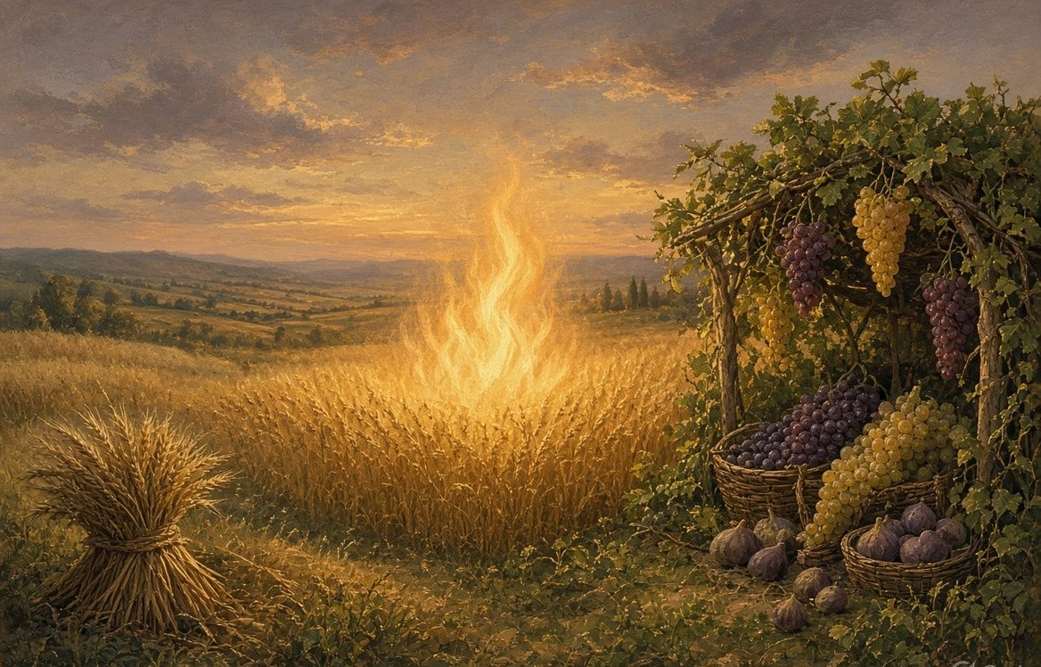 Barley sheaf, wheat in light, and fruit gathered under a booth in one field