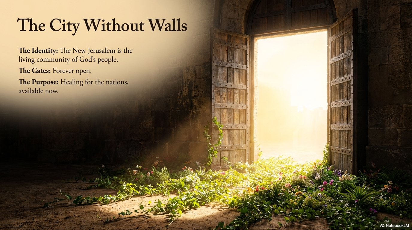 Open gates of a city with light and growth flowing outward