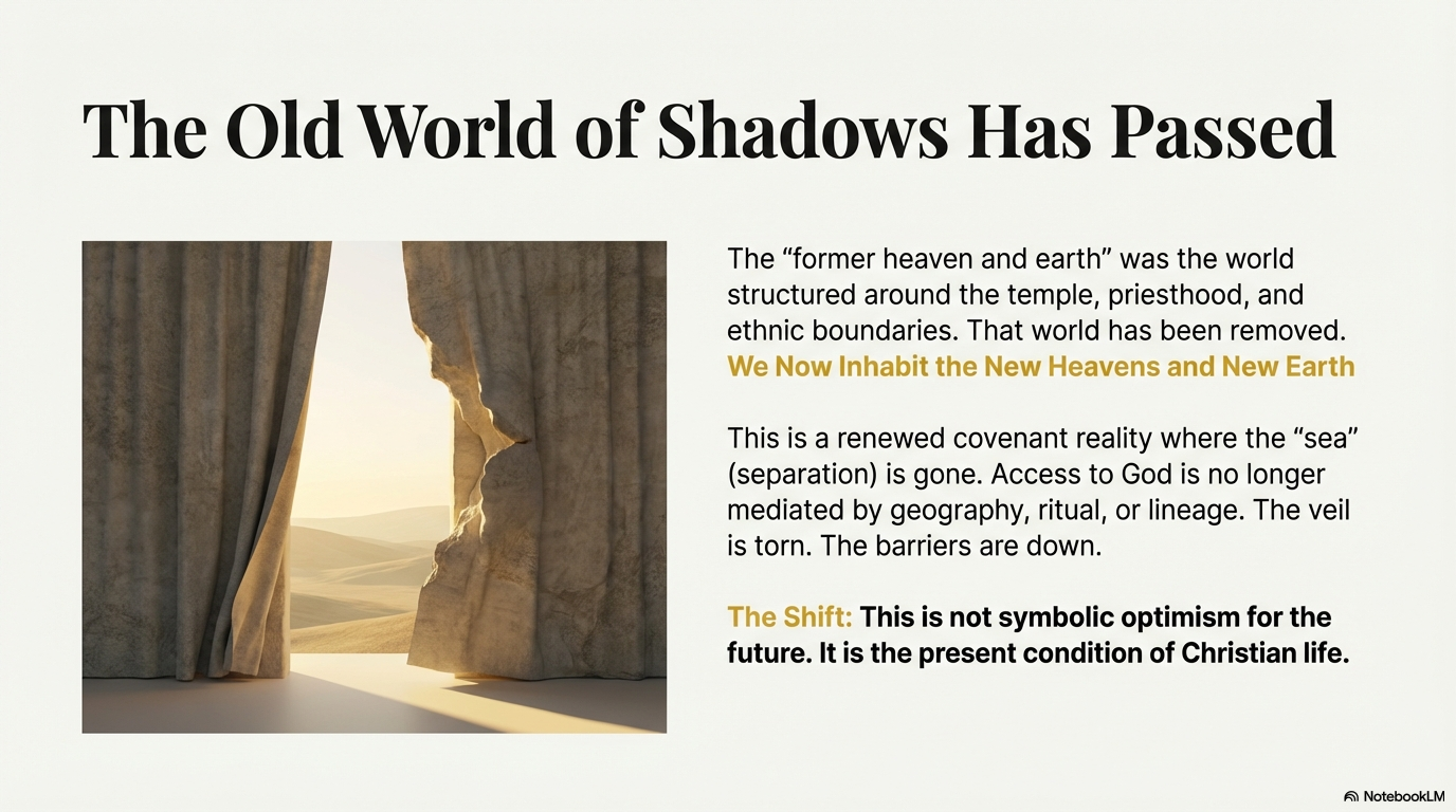 Torn temple veil with light shining through into an open landscape