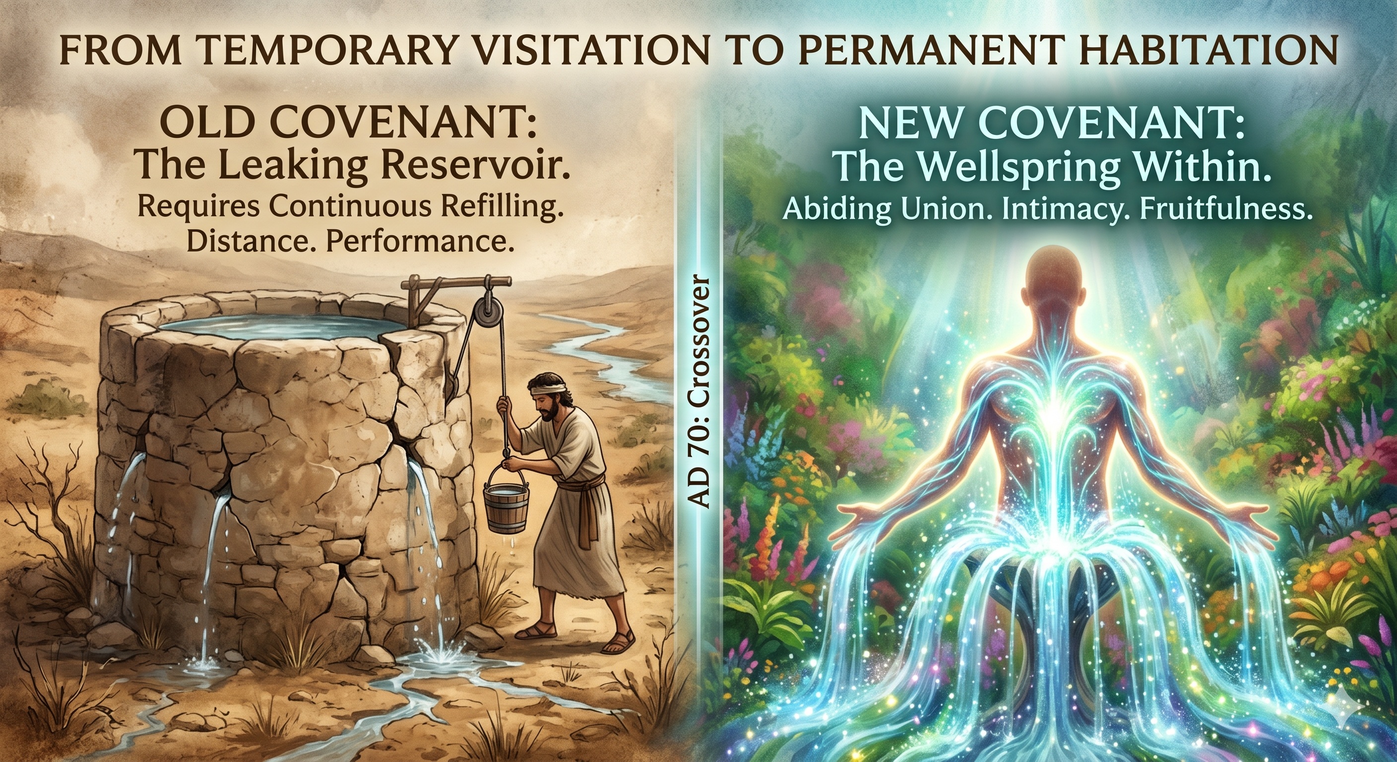 Comparison between the Old Covenant leaking reservoir and the New Covenant wellspring